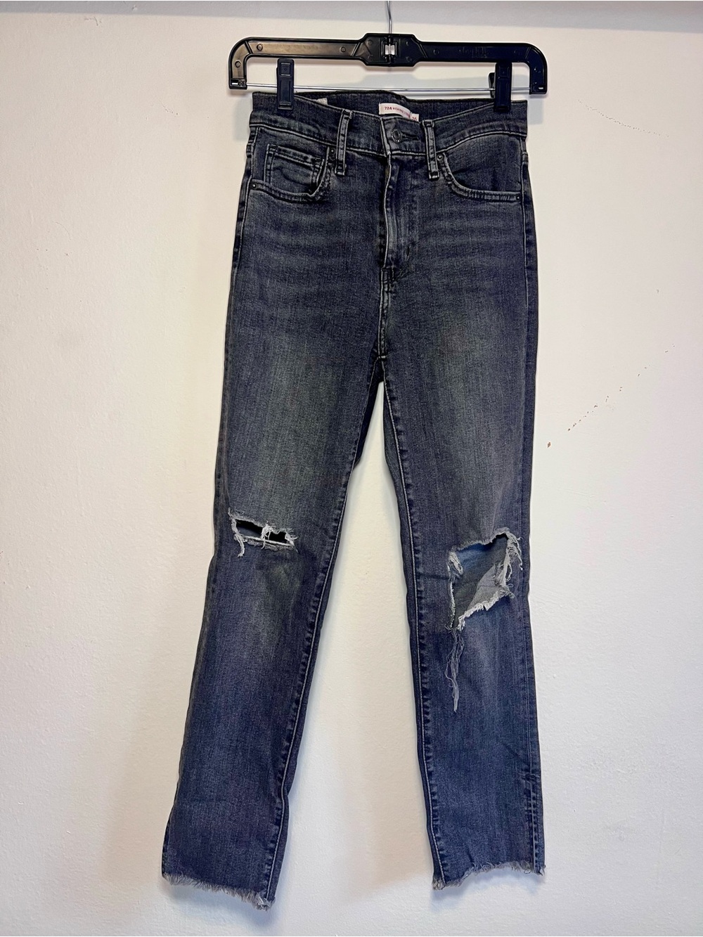 Levi's Women's Straight Leg Distressed Black Wash Jeans (724 High Rise Straight)